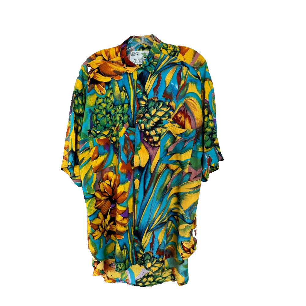 Dr. Gecko Vintage 100% Rayon Button Front Short Sleeve Shirt Bright Tropical